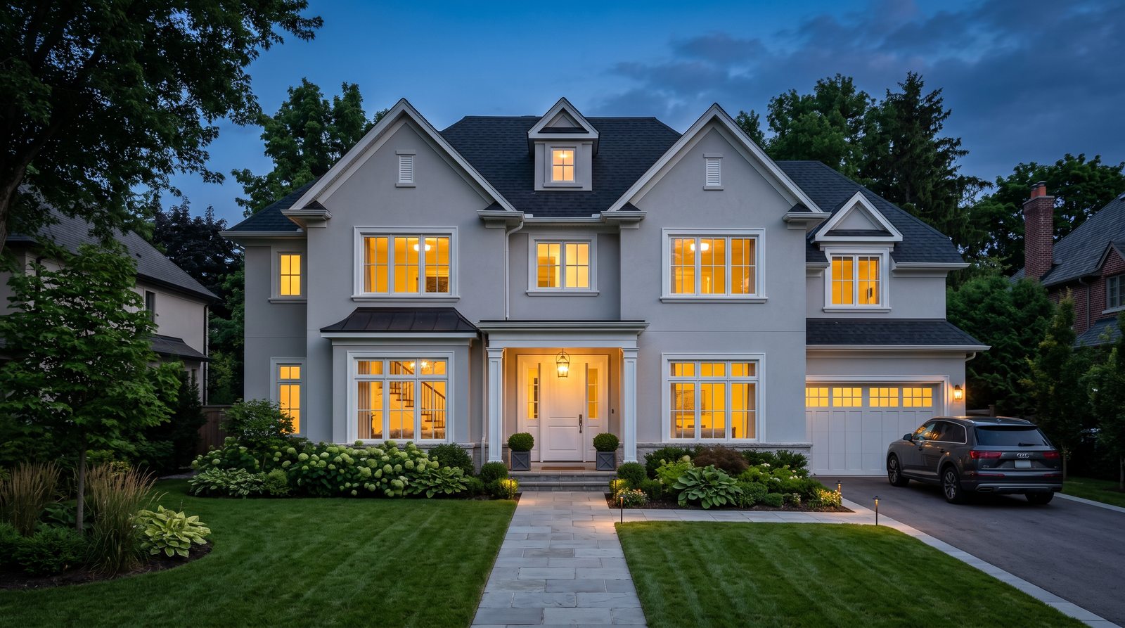 A freshly painted suburban house exterior at dusk with warm interior lights