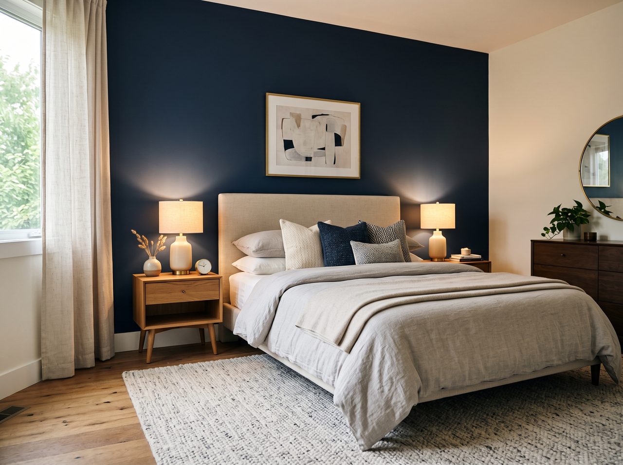 A freshly decorated bedroom with a deep navy accent wall and a crisp painted finish