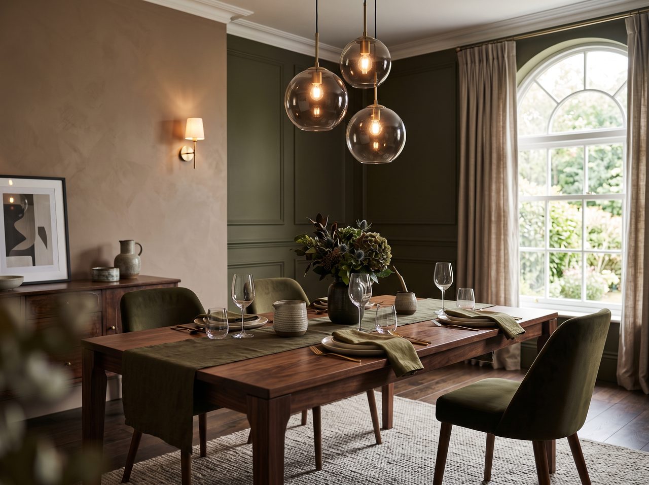 A freshly decorated dining room with rich olive-green walls and a crisp painted finish
