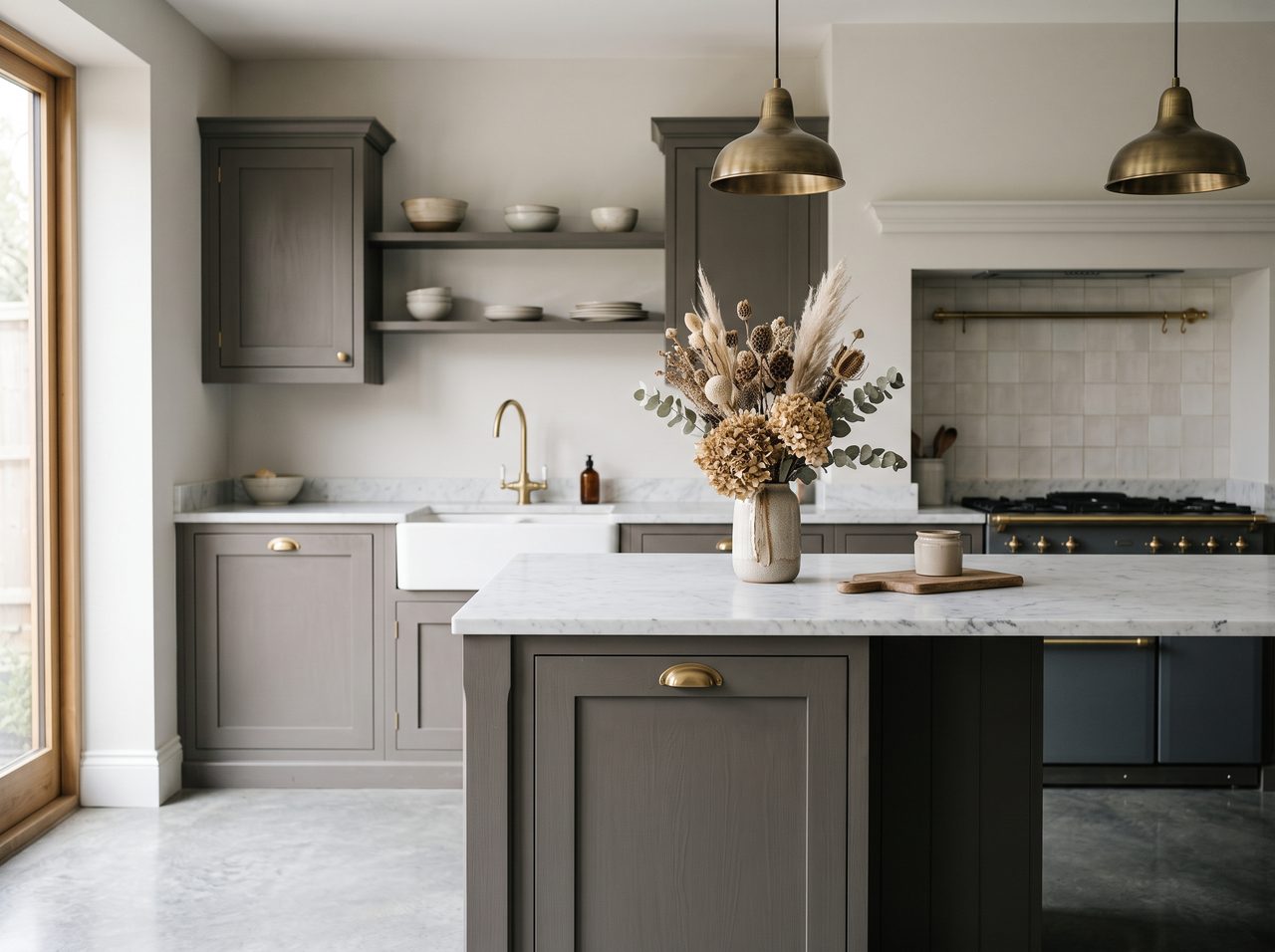 A freshly decorated kitchen with hand-painted shaker cabinetry and a crisp wall finish