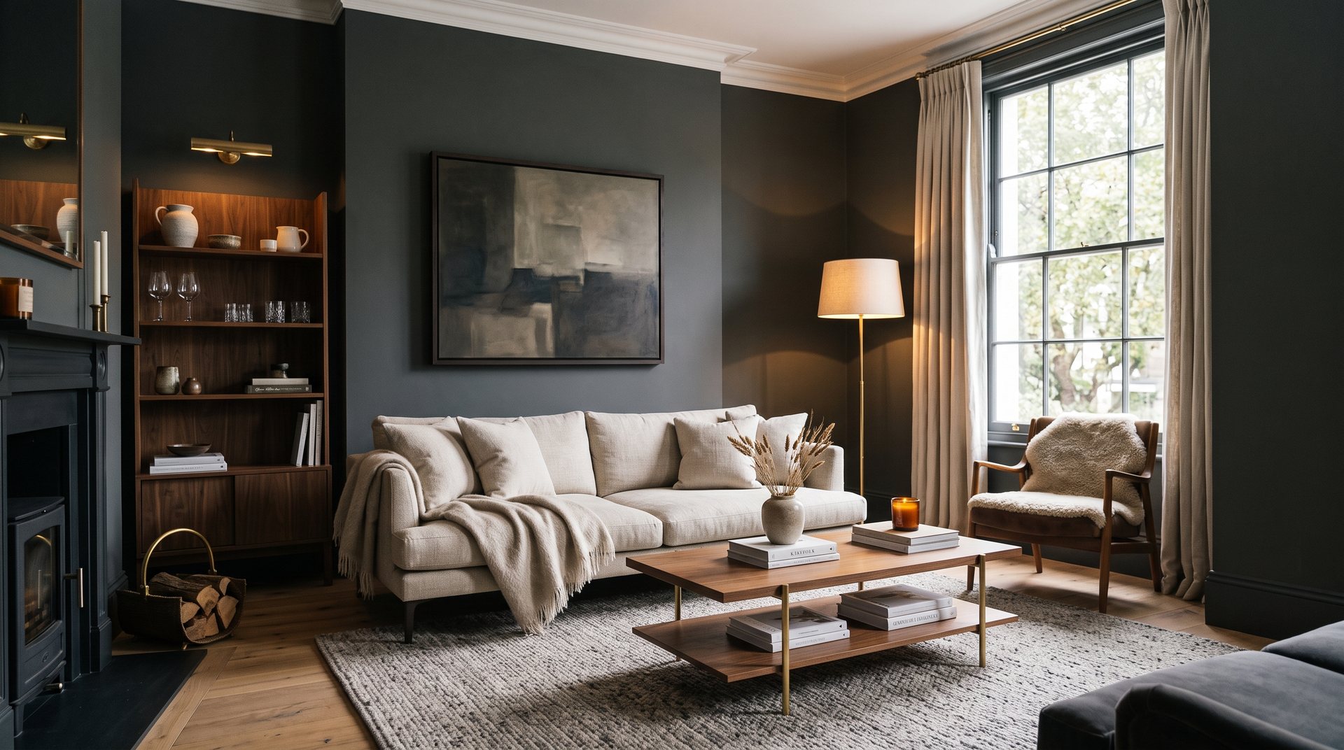 A meticulously decorated living room with deep charcoal walls, crisp painted finish and refined furnishings